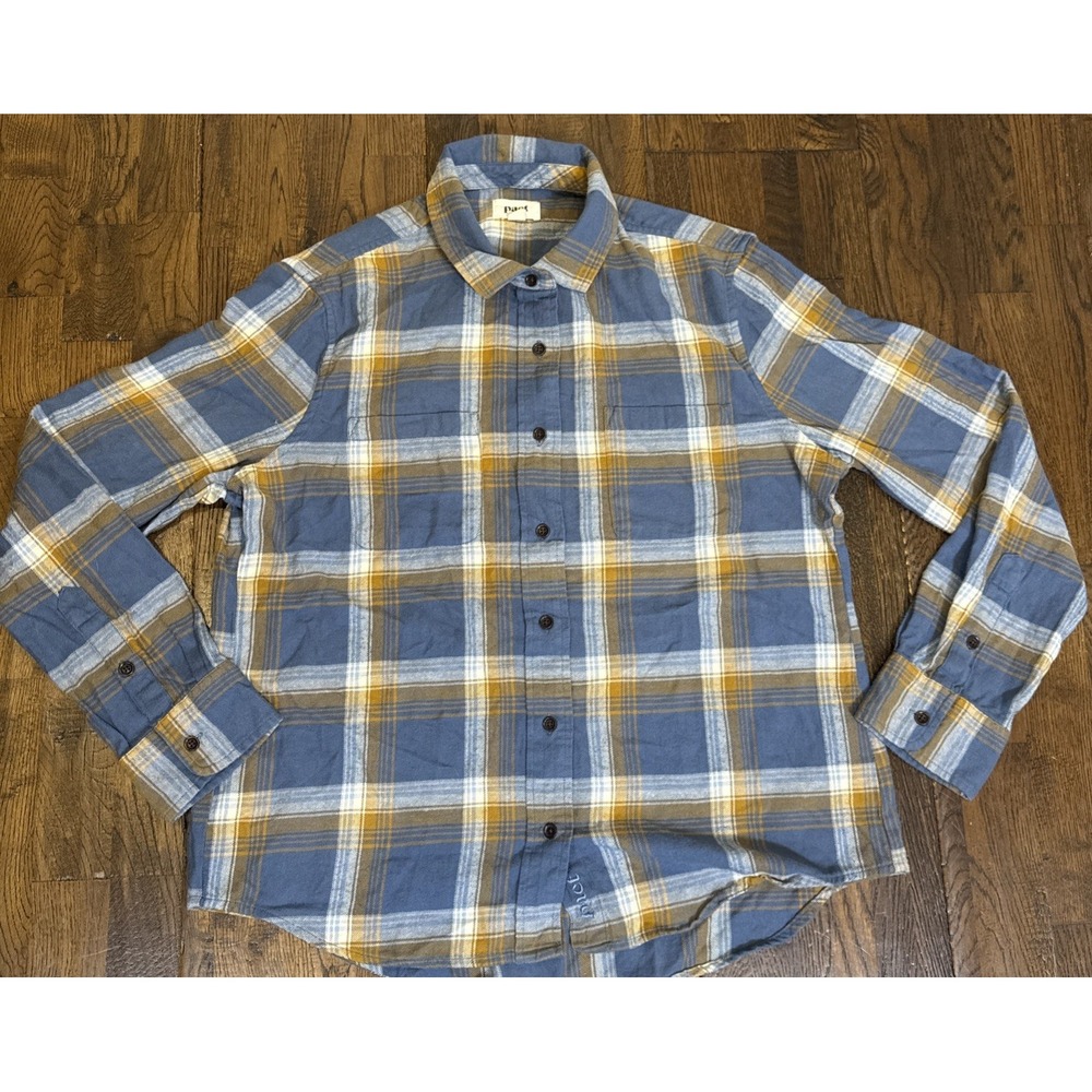 Pact Menβs Large Fireside Blue Orange Plaid Flannel 100% Organic Cotton EUC